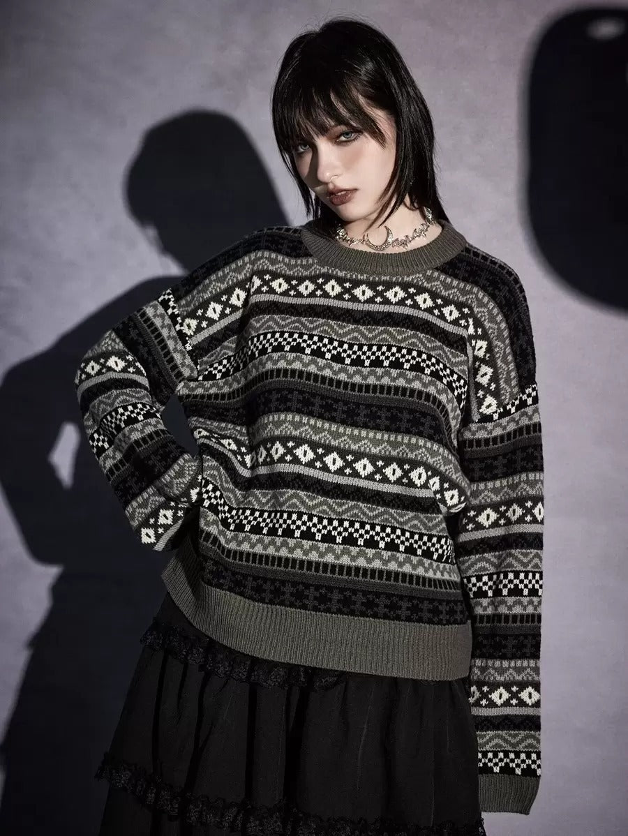 Damen modischer Pullover mit geometrischem Norweger-Muster und weichem Strickstoff Drune
