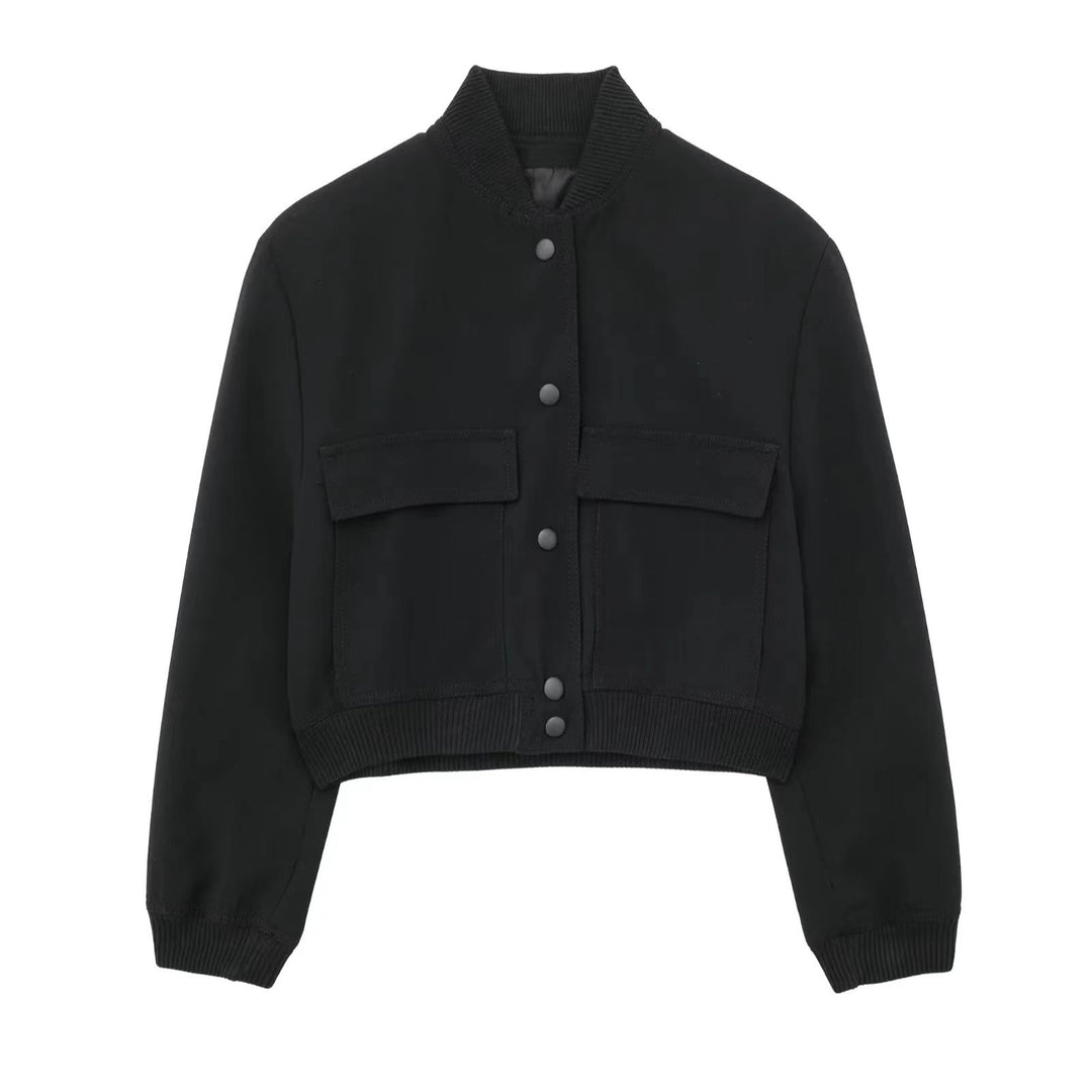 Damen nan kurze Utility-Bomberjacke mit aufgesetzten Pattentaschen, verdeckter Druckknopfleiste und elastischen Rippbündchen Drune
