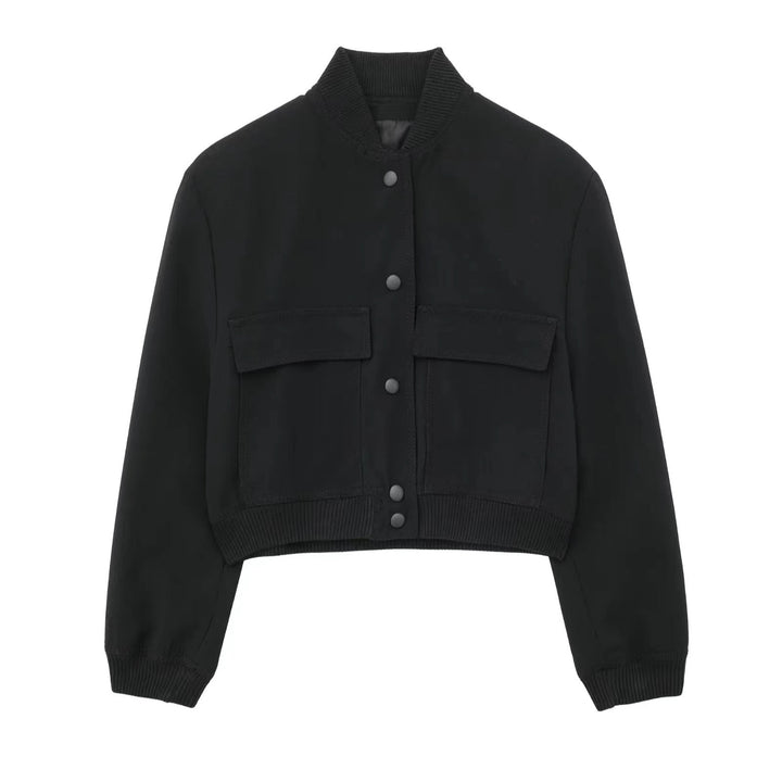 Damen nan kurze Utility-Bomberjacke mit aufgesetzten Pattentaschen, verdeckter Druckknopfleiste und elastischen Rippbündchen Drune
