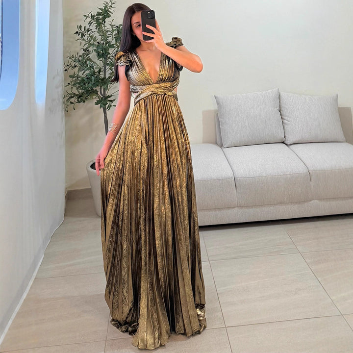 Damen Glamouröses Plissee-Maxikleid mit tiefem V-Ausschnitt und Puffärmeln Drune