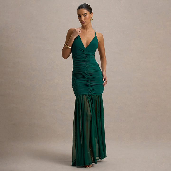 Damen Elegantes bodenlanges Kleid mit raffinierten Rüschendetails Drune