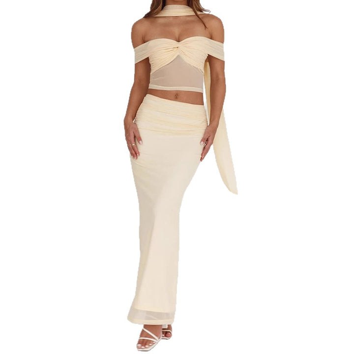 Damen elegantes Wickelkleid mit schulterfreiem Oberteil und drapierter Silhouette Drune