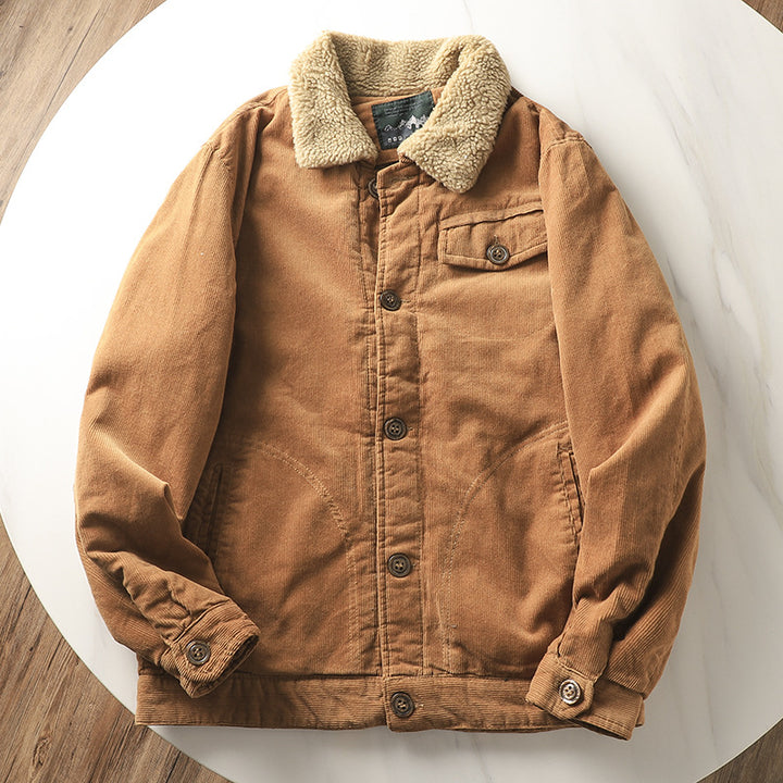 Herren nan gefütterte Cordjacke mit Teddykragen, Knopfleiste und aufgesetzten Taschen Drune