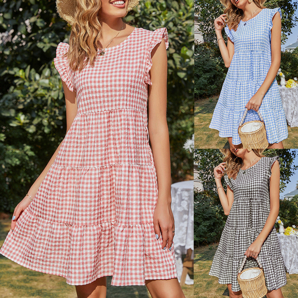 Damen ärmelloses Karo-Kleid mit ausgestelltem Rock Drune