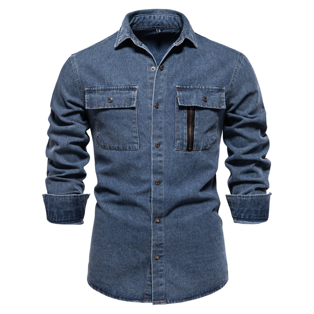 Herren nan tailliertes Jeanshemd mit Kentkragen, aufgesetzten Brusttaschen und Kontraststeppung Drune