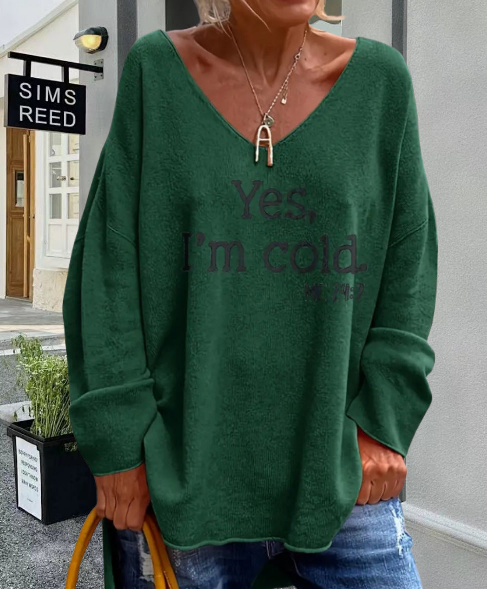 Damen Oversized Pullover mit modernem V-Ausschnitt und aufgedrucktem Statement Drune