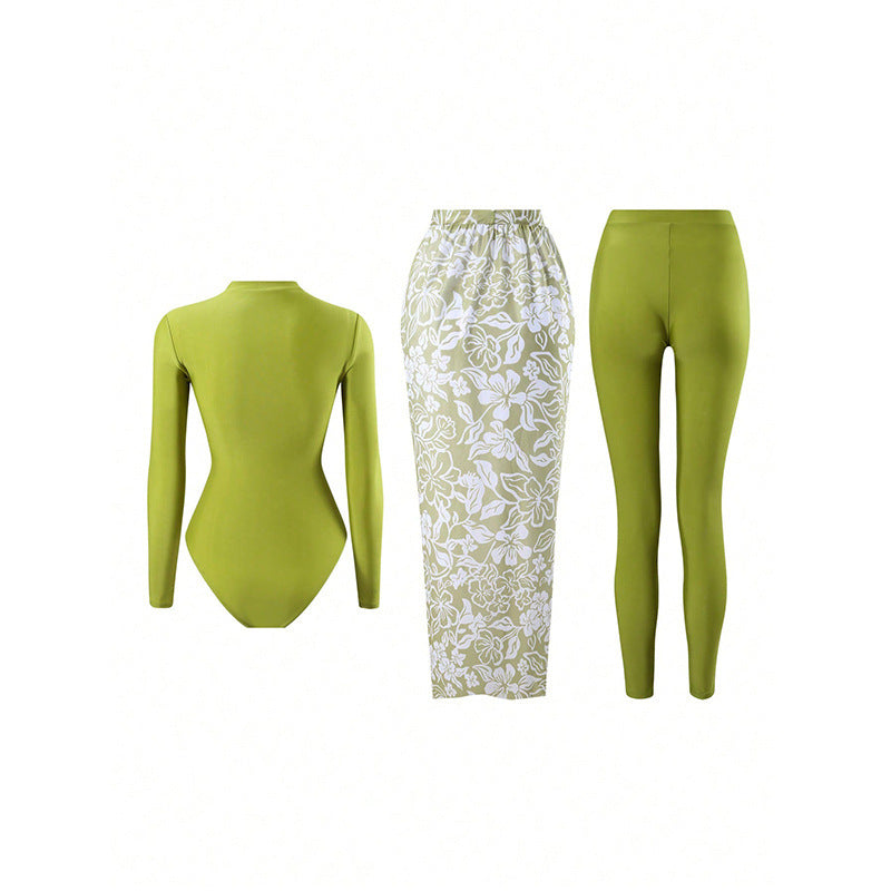 Damen langärmliger Badesuit mit floralem Wickelrock Drune