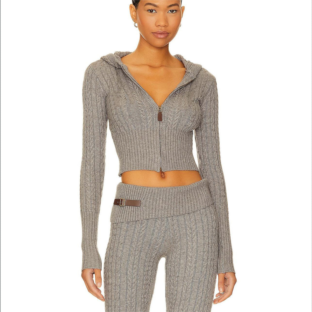 Damen Cropped Strickjacke mit Kapuze und hohem Kragen Drune