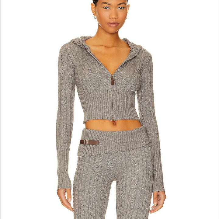 Damen Cropped Strickjacke mit Kapuze und hohem Kragen Drune