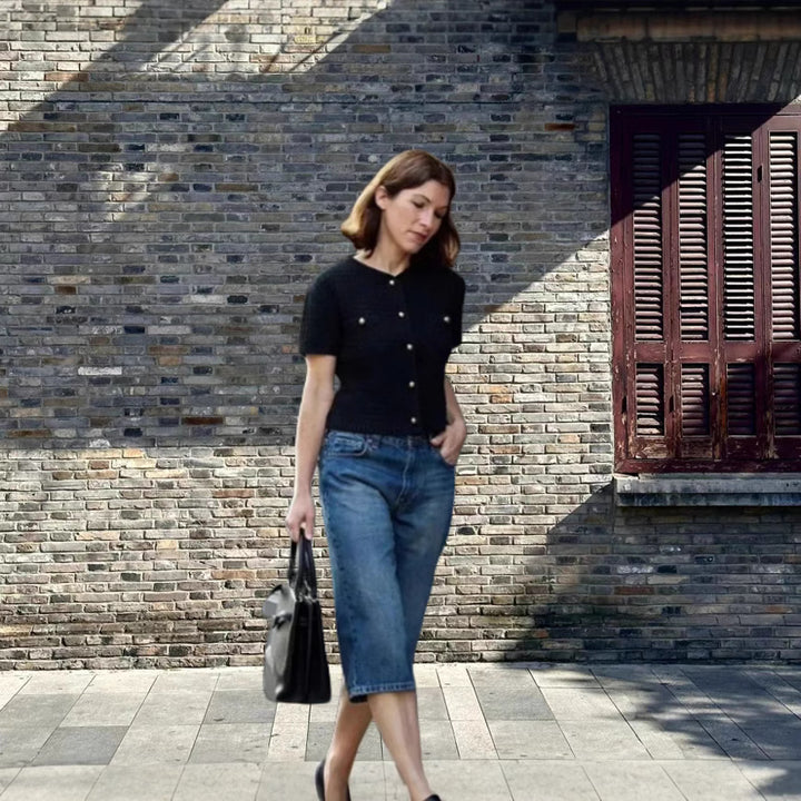 Damen Kurzarm-Button-Up Oberteil mit einzigartiger Struktur Drune