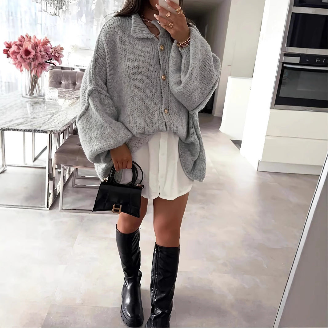 Damen Oversized Strickjacke mit stylischen Puffärmeln und Knopfleiste Drune