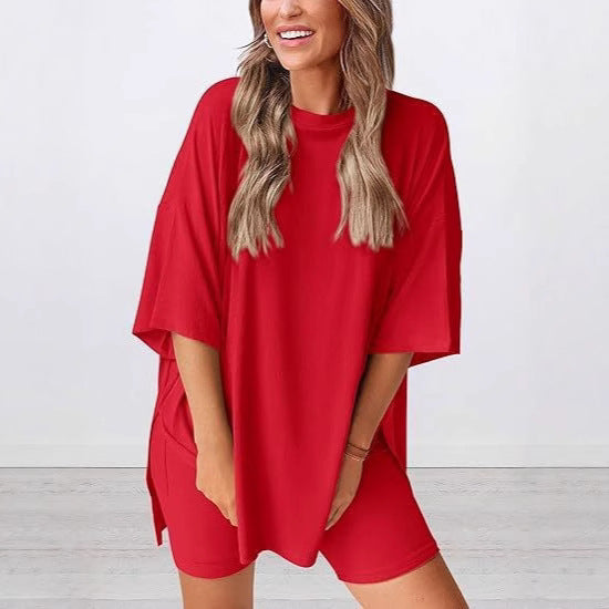 Damen Lässiges Lounge-Set mit übergroßem Oberteil und kurzen Hosen Drune