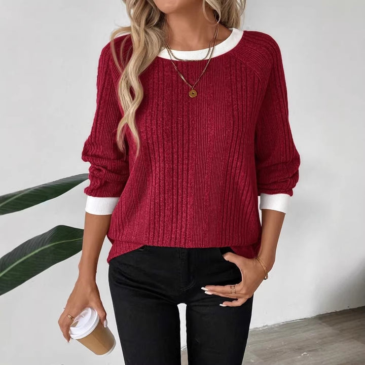 Damen lässiger Pullover mit optimalem Rippenstrickdesign und kontrastrierendem Besatz Drune