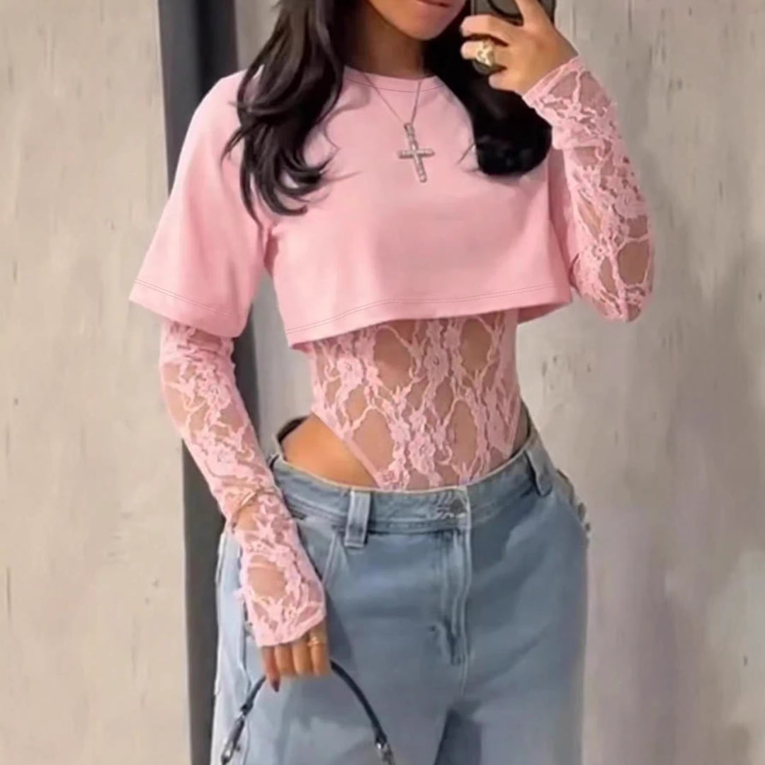 Damen Bodyshirt mit transparenten Spitzenärmeln und lässigem Schnitt Drune
