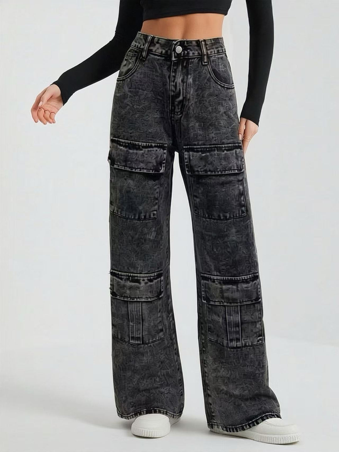 Damen nan High‑Waist Utility-Denimhose mit aufgesetzten Knie-Patches, Cargo‑Taschen und weitem Schlag Drune