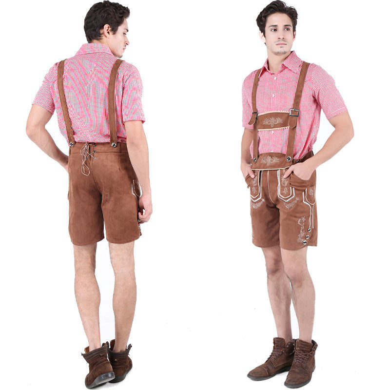 Herren nan alpine Trachtenlederhose im Retro-Stil mit Latz, Zierstickerei und Seitentaschen Drune