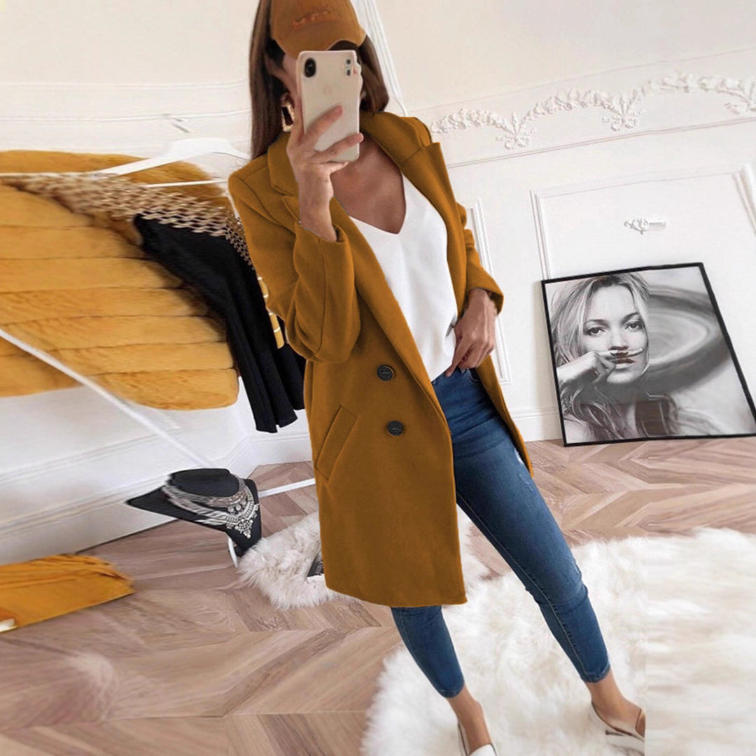 Damen eleganter und warmer Longblazer mit doppelter Knopfleiste Drune