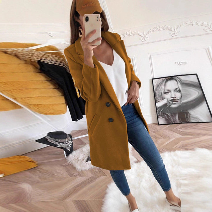 Damen eleganter und warmer Longblazer mit doppelter Knopfleiste Drune