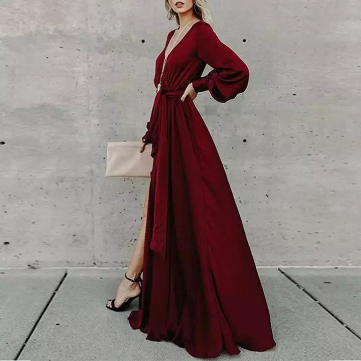 Damen Maxi-Kleid mit tiefem Schlitz und fließendem Stoff Drune