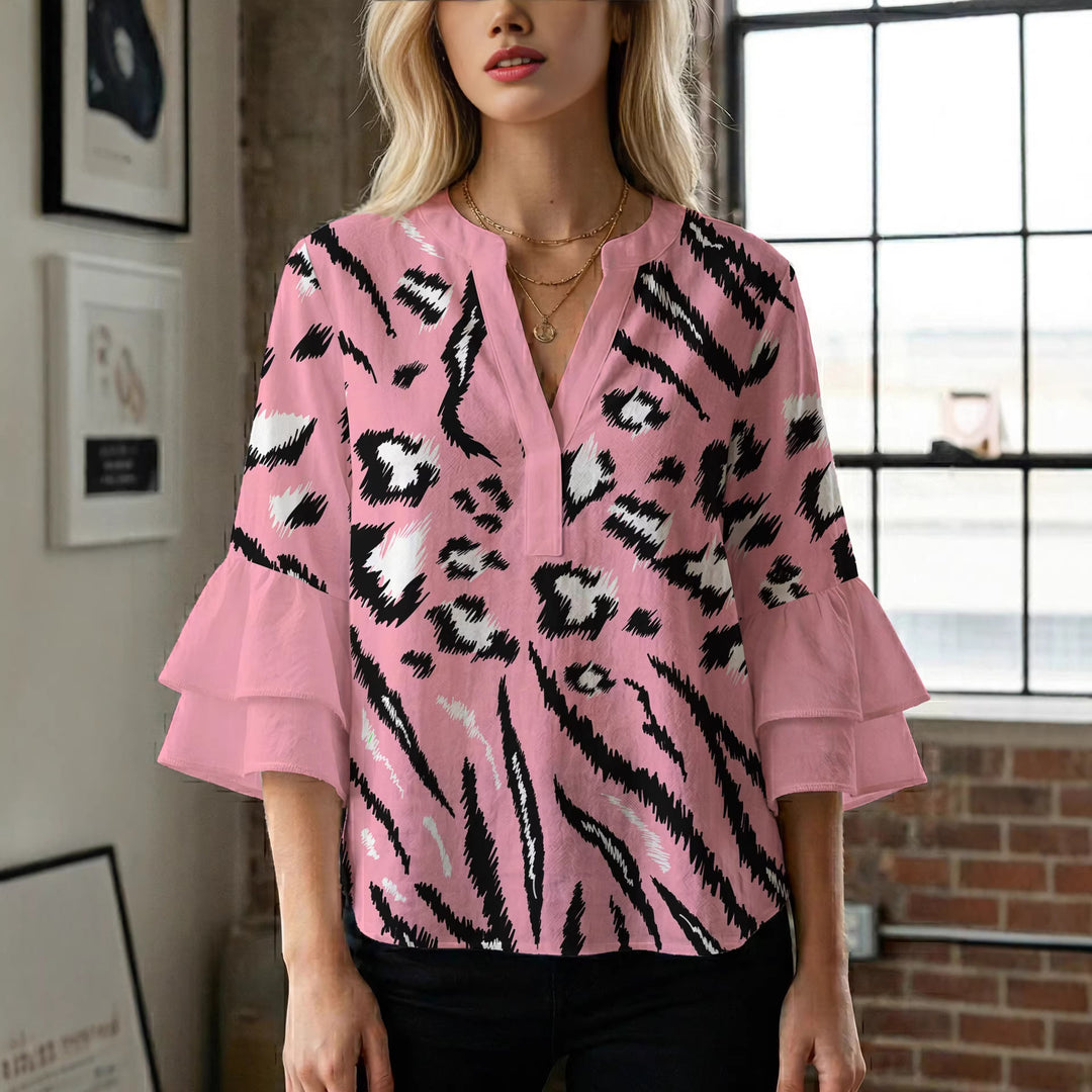 Damen Bluse mit Rüschendetails und auffälligem Animal-Print Drune