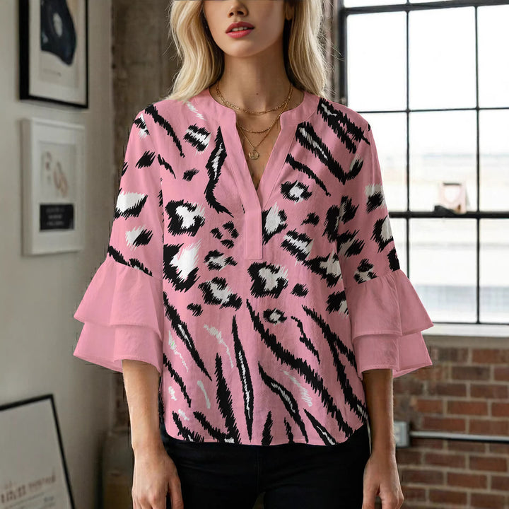 Damen Bluse mit Rüschendetails und auffälligem Animal-Print Drune