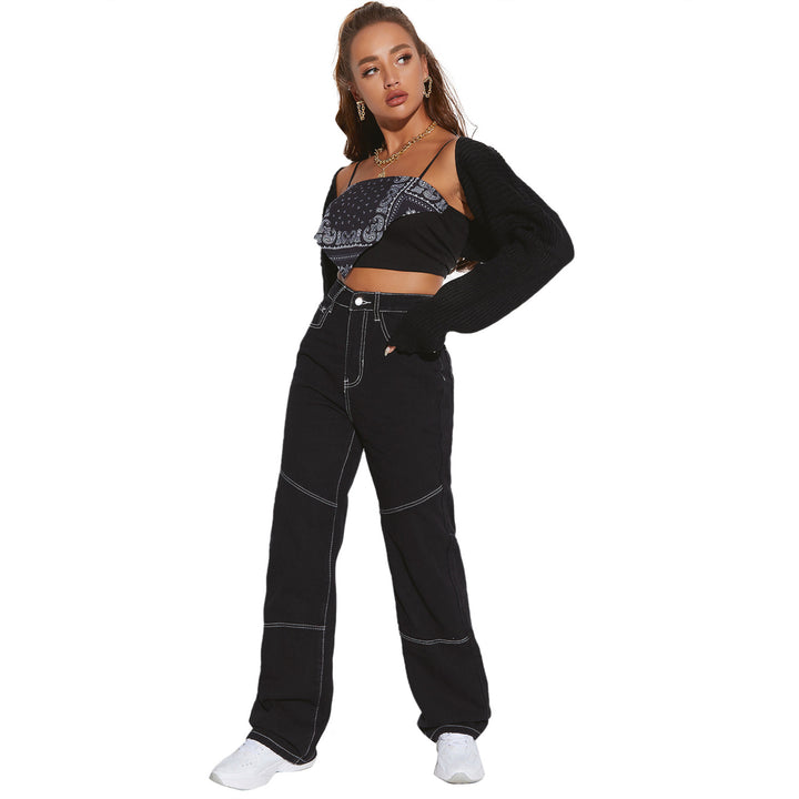 Damen breite High-Waist Jeans mit kontrastierenden Nähten und stilvollem Schnitt Drune