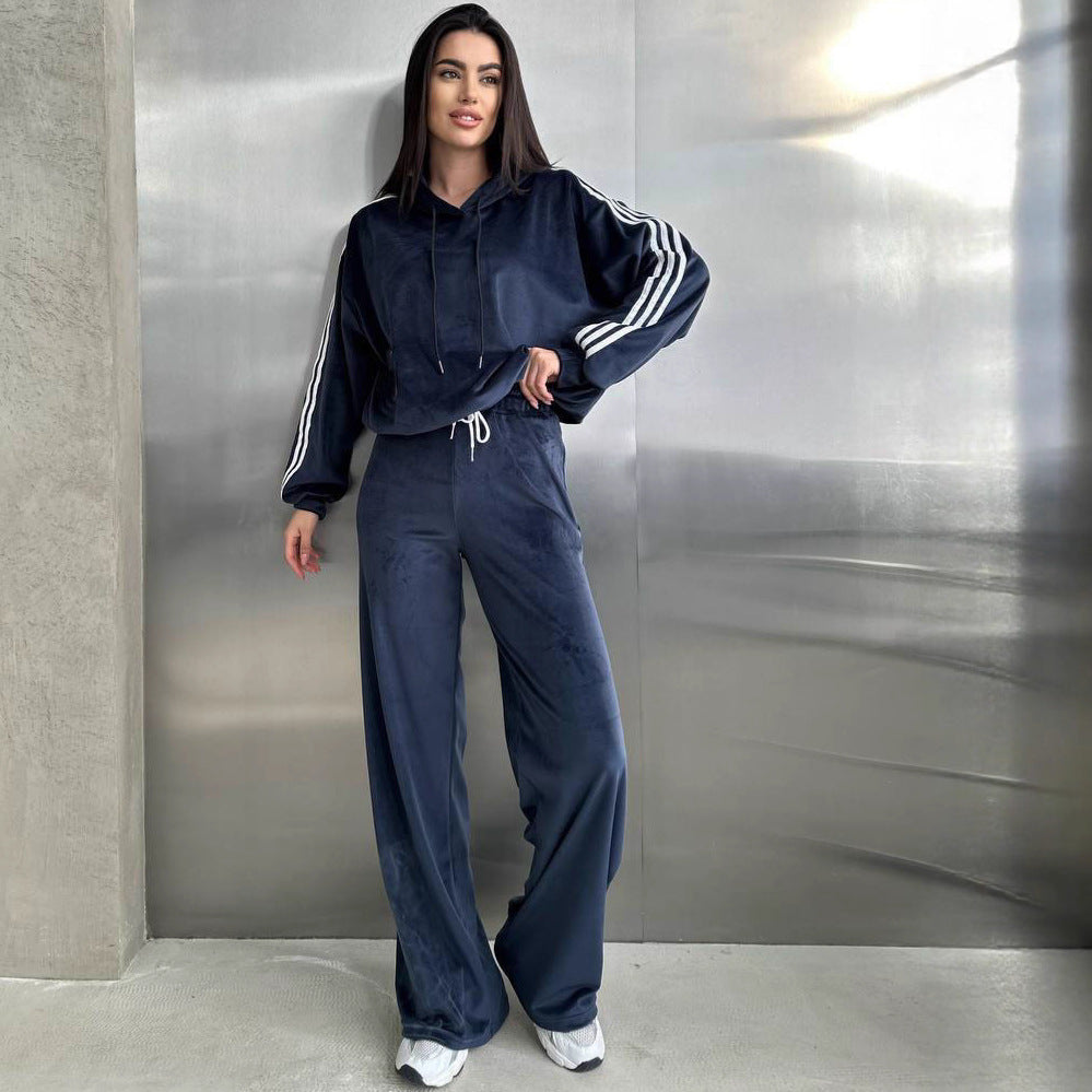 Damen Velvet-Hoodie und weite Hose Set Drune