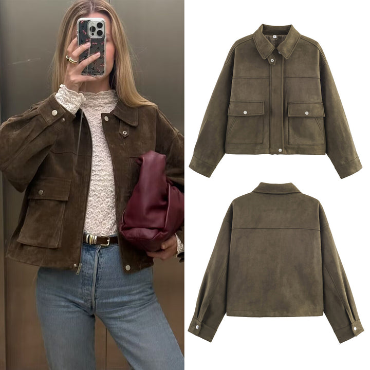 Damen modische Kurzjacke aus weichem Wildlederimitat Drune