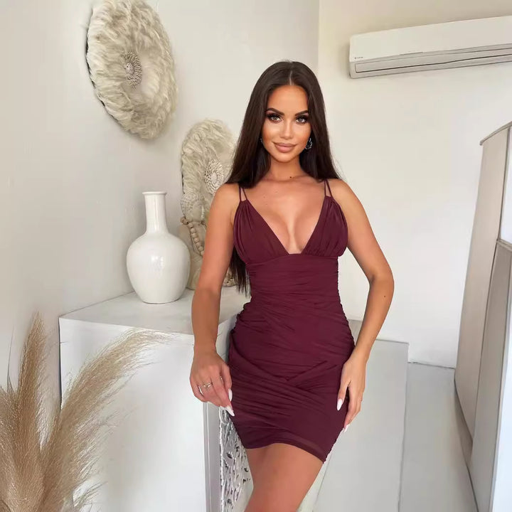 Damen figurbetontes Wickelkleid mit tiefem V-Ausschnitt Drune