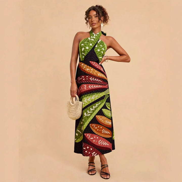Damen Halterneck Maxikleid mit buntem Blattdesign und schwingendem Schnitt Drune