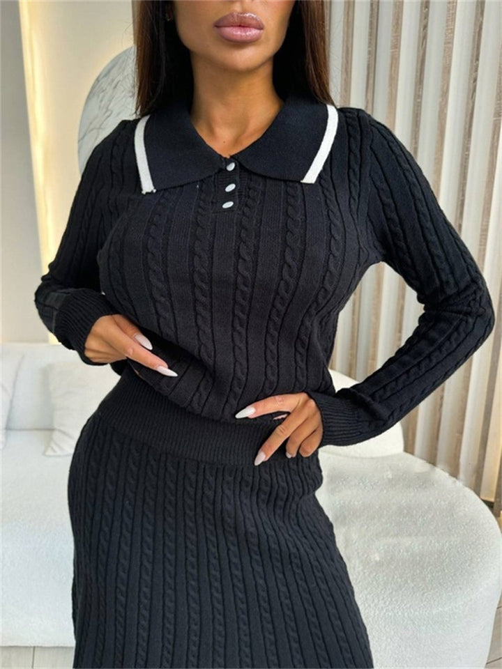 Damen Strickkleid mit Polo-Kragen und hochwertiger Zopfmuster-Oberfläche Drune