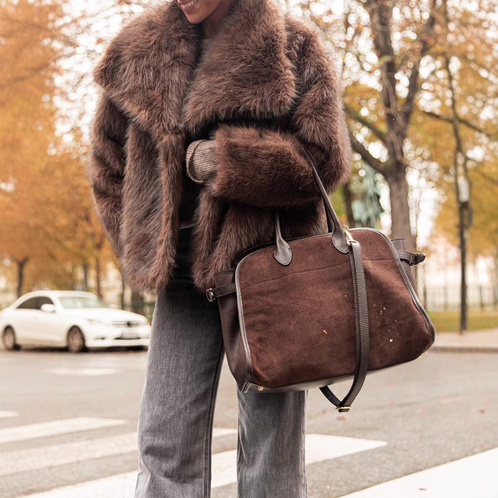 Damen Eleganter Kunstpelzmantel mit voluminösem Kragen Drune