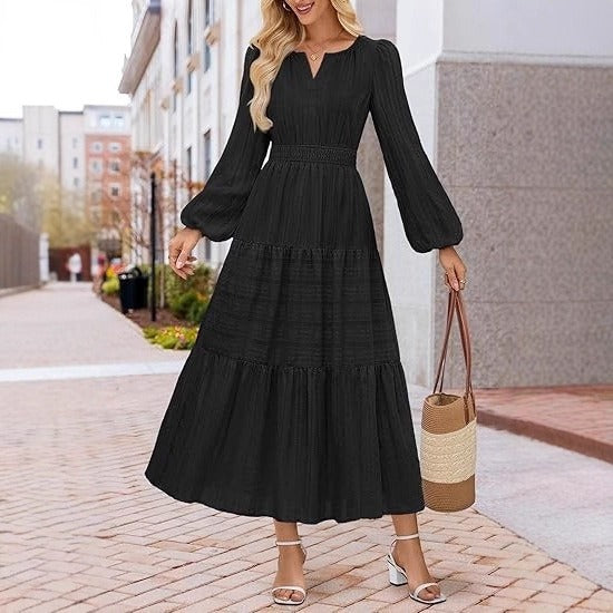 Damen Maxikleid mit eleganten Puffärmeln und gesmoktem Taillenbereich Drune