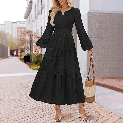 Damen Maxikleid mit eleganten Puffärmeln und gesmoktem Taillenbereich Drune