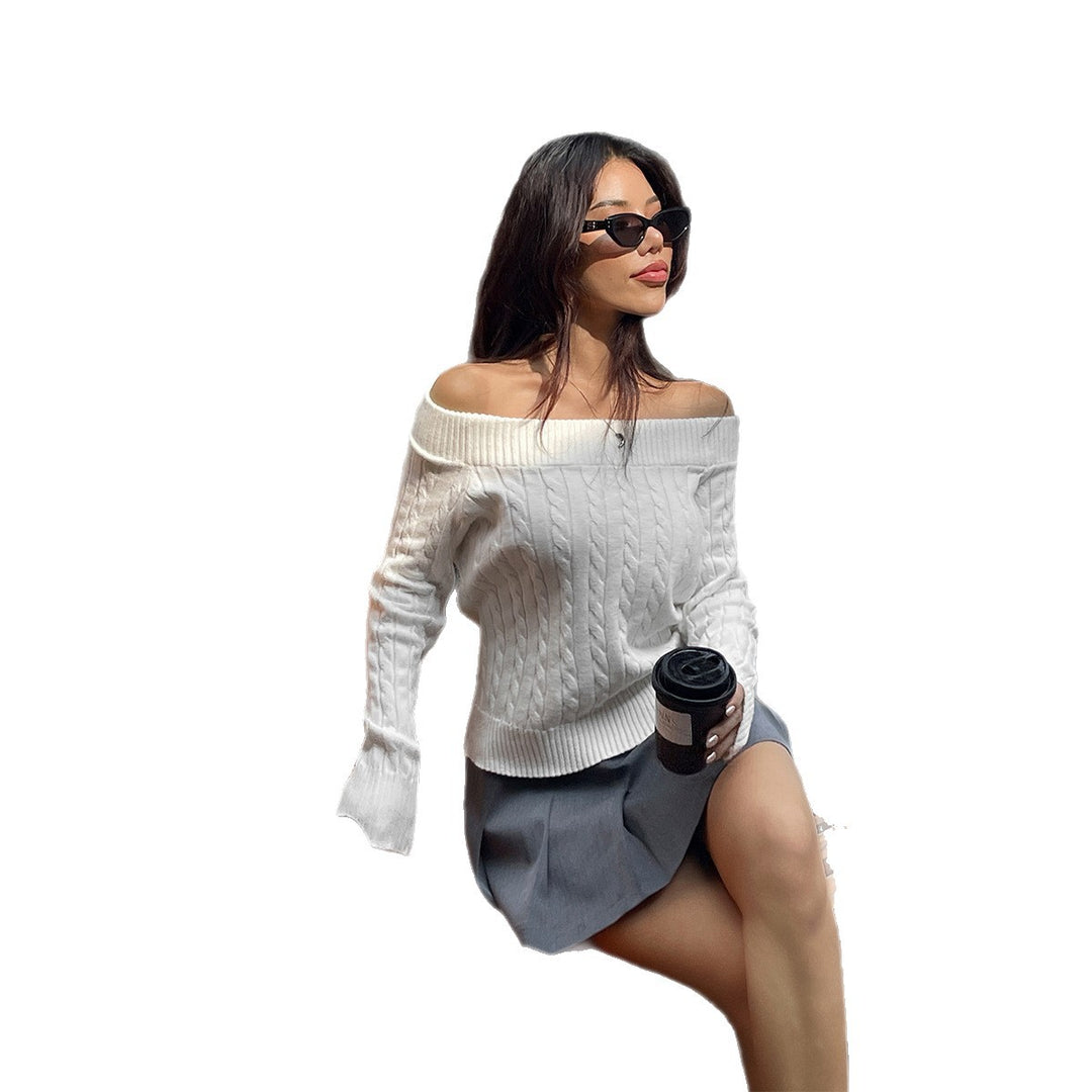 Damen Eleganter Off-Shoulder Pullover mit feinem Zopfmuster Drune