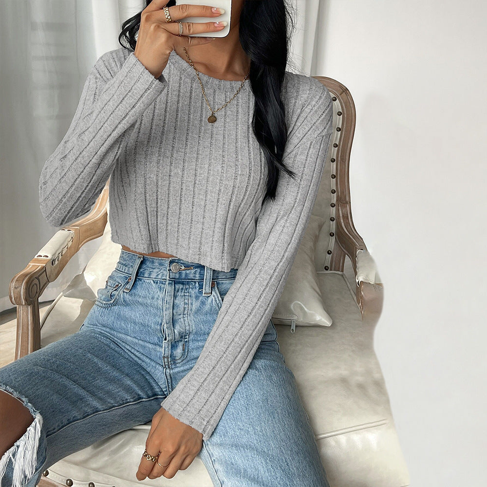 Damen cropped Pullover mit feiner Rippstruktur und langen Ärmeln Drune