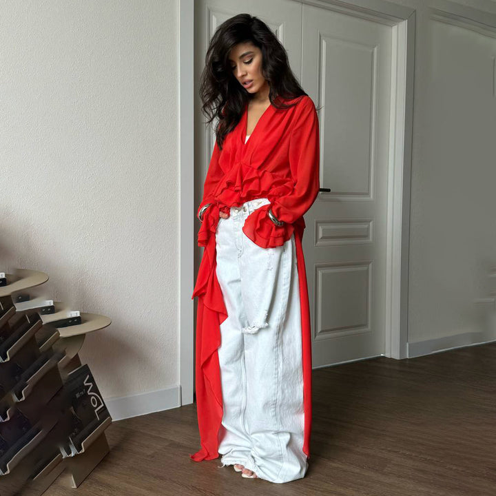 Damen Elegantes, fließendes Maxikleid mit weitem Schnitt und Rüschendetails Drune