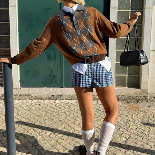 Damen Pullover mit klassischem Polokragen und modernem Rautenmuster Drune