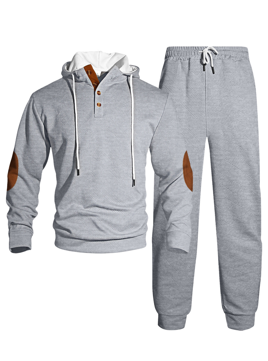 Herren nan Waffelstruktur Henley-Kapuzen-Set mit Holzknopfleiste Ellbogen-Patches und konischer Jogginghose Drune
