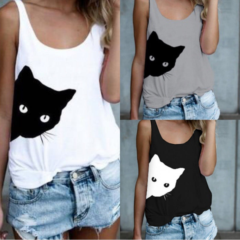Damen Tanktop mit kreativem Katzenmotiv und lässiger Passform Drune