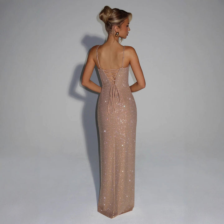 Damen Glamouröses Maxikleid mit tiefem V-Ausschnitt und strahlenden Pailletten Drune