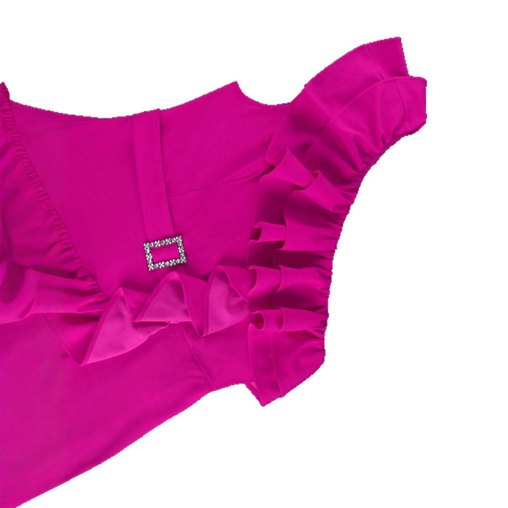 Damen Elegantes Maxikleid mit asymmetrischem Off-Shoulder Design und voluminösen Rüschen Drune