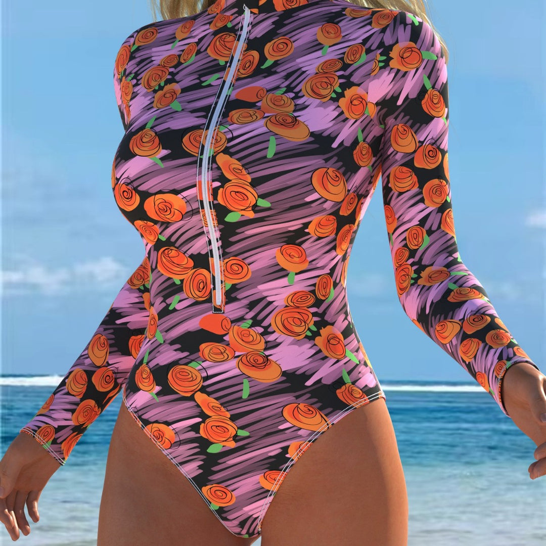 Damen Langarm-Badeanzug mit Reißverschluss und floralem Design Drune