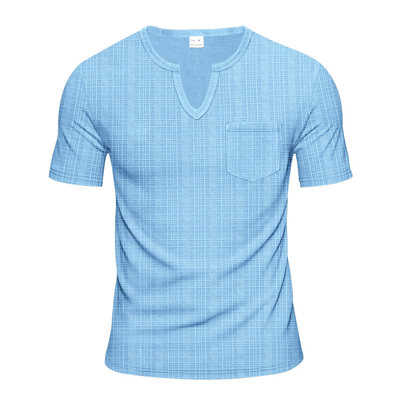 Herren nan Kurzarmshirt mit geschlitztem V-Ausschnitt strukturierter Leinenoptik und aufgesetzter Brusttasche Drune