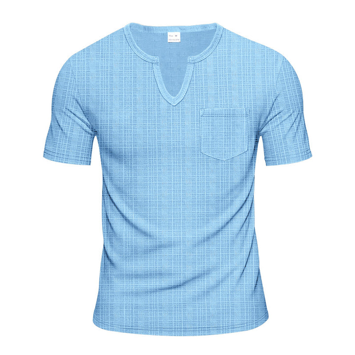 Herren nan Kurzarmshirt mit geschlitztem V-Ausschnitt strukturierter Leinenoptik und aufgesetzter Brusttasche Drune