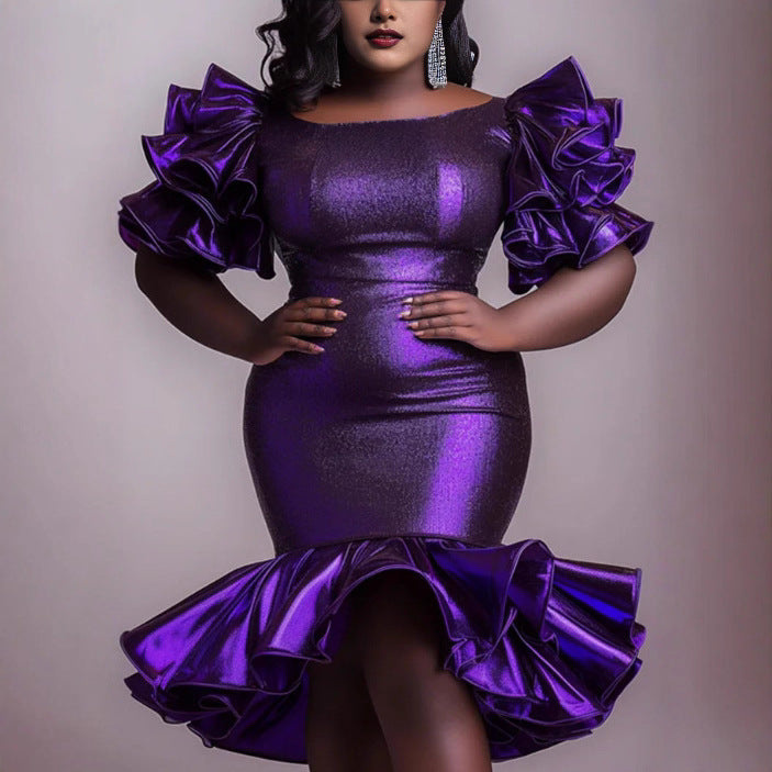 Damen Glamouröses Abendkleid mit voluminösen Rüschenschultern Drune