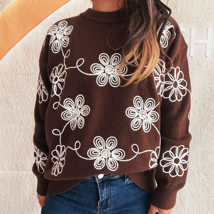 Damen kuscheliger Strickpullover mit floralen Applikationen und Rundhalsausschnitt Drune