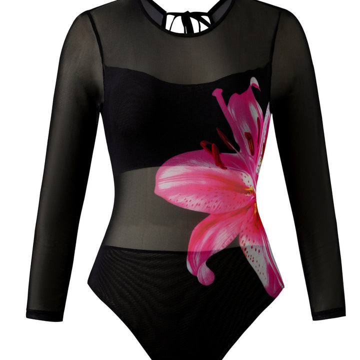 Damen Eleganter Badeanzug mit langem Arm und transparente Wickelrock Drune