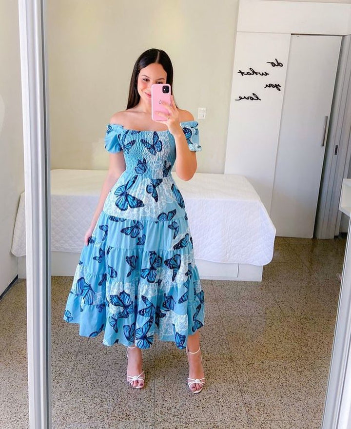 Damen Midi-Kleid mit schulterfreiem Design und verspieltem Schmetterlingsmuster Drune