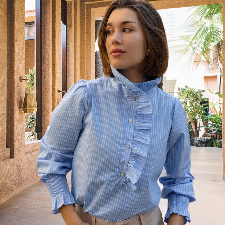 Damen Bluse mit edlem Rüschendesign und gestreiftem Muster Drune